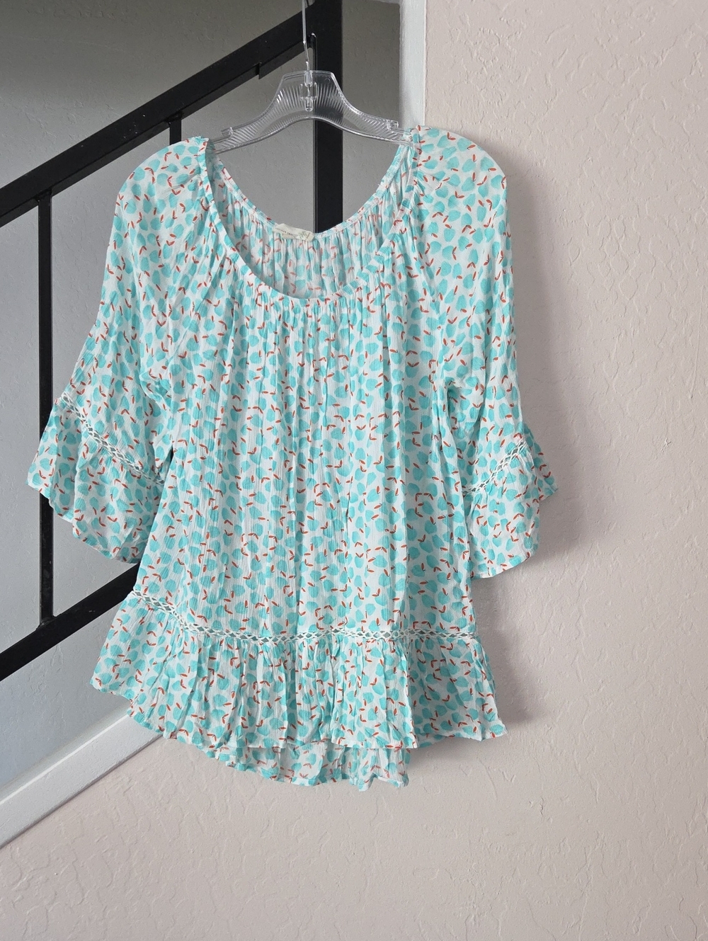 Aqua Apple Print Ruffle Peasant Blouse